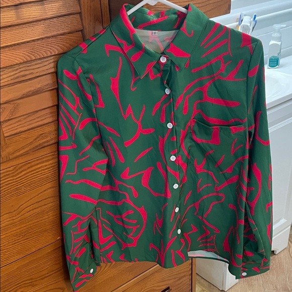 None Tops - Green and Red Button-Up Shirt